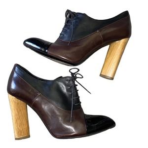 39.5 YSL Black Brown Oxford Pointed Toe Lace Up Wooden Block Heel Bootie